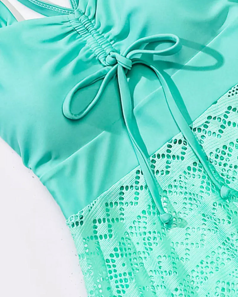 Tankini À Empiècements En Dentelle De Couleur Unie