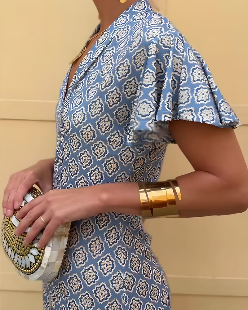 Robe Col V Imprimé Diamant Manche Volantée