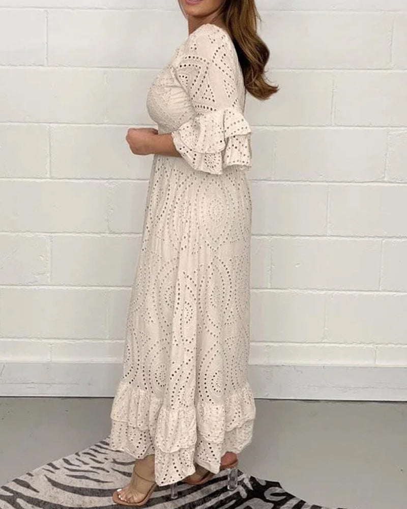 Robe taille haute ample à col en V de couleur unie