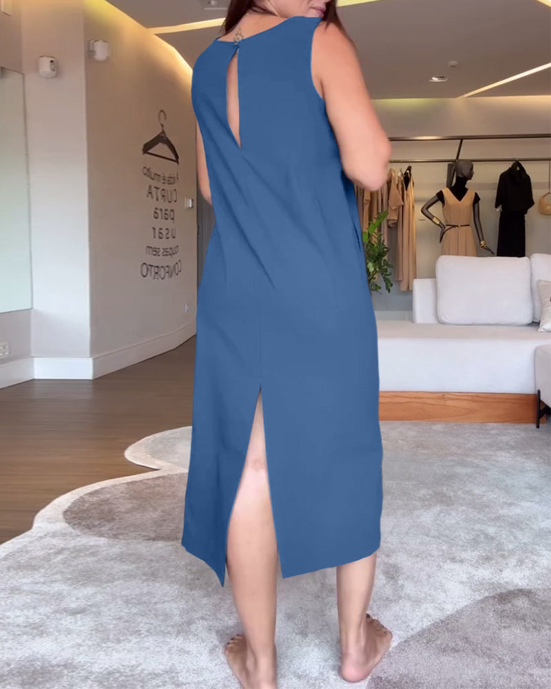 robe décontractée col en V sans manches couleur unie fendue