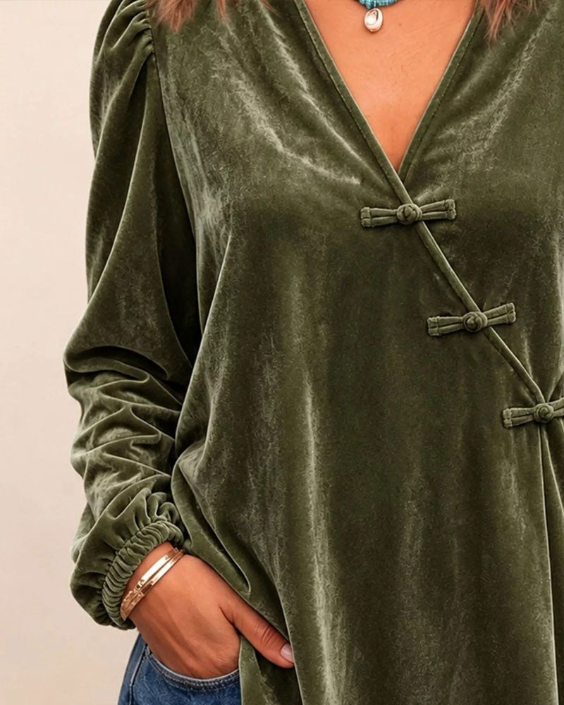 Blouse Col En V Bouton Devant Croisé Manches Ballon