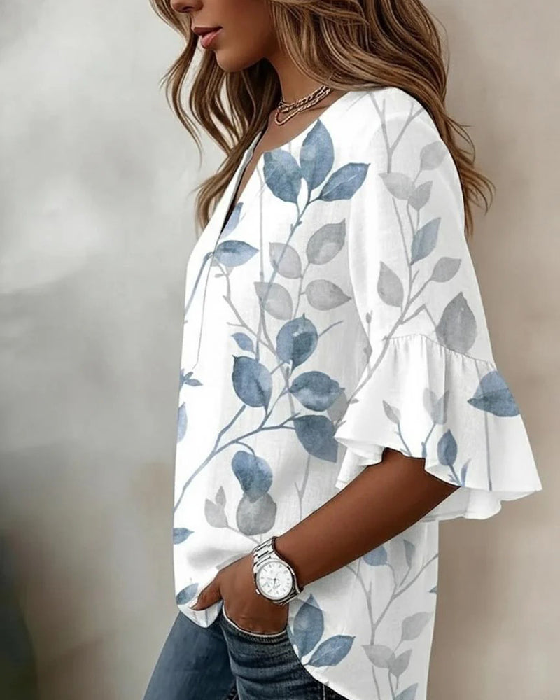 Blouse Volant Évasé Manche Feuille Imprimé