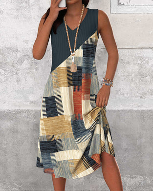 Robe Sans Manches Col en V Contrastée