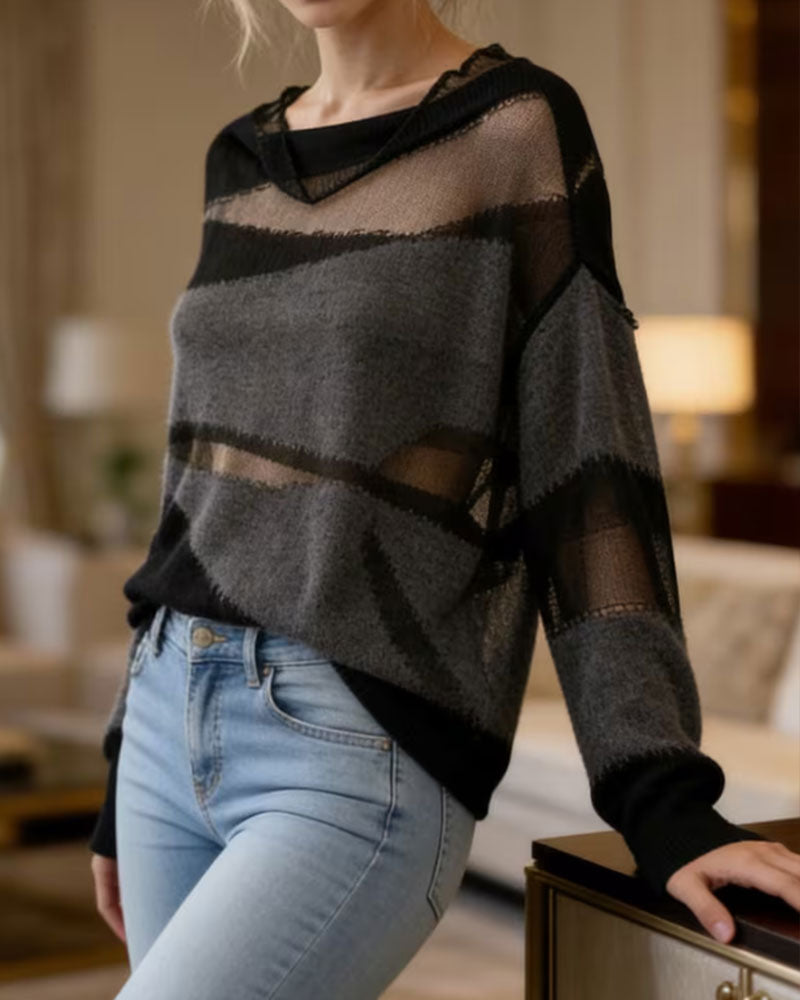 Pullover Couleur Contrastante Transparent Manches Longues Pull