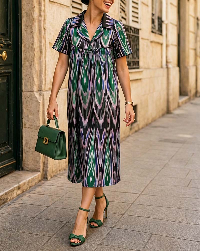 Robe Imprimé Géométrique Bloc De Couleur Manches Courtes