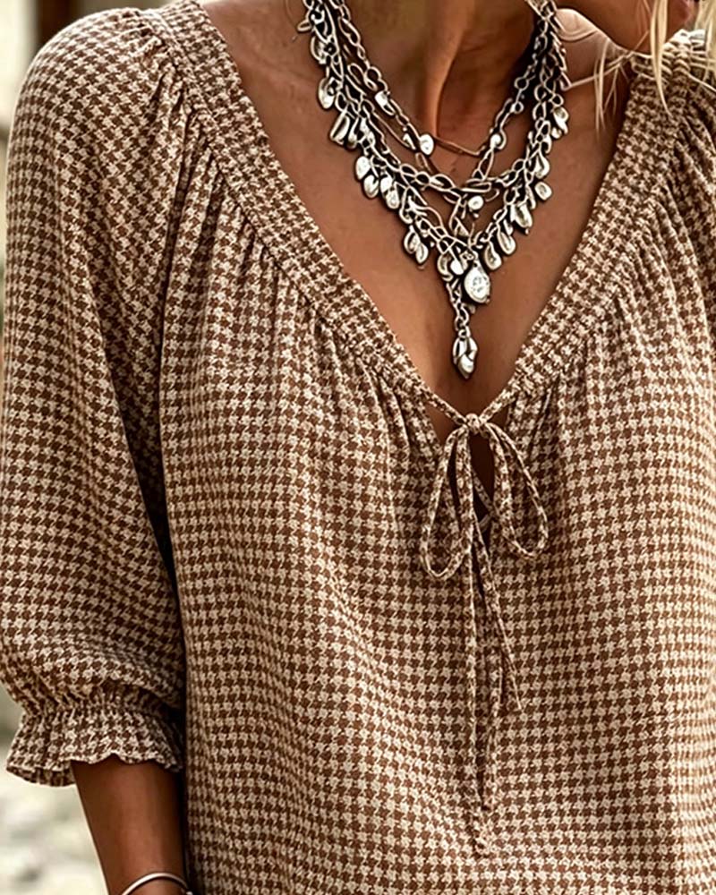 Blouse Col En V Manches Ballon Attacher Pied-De-Poule