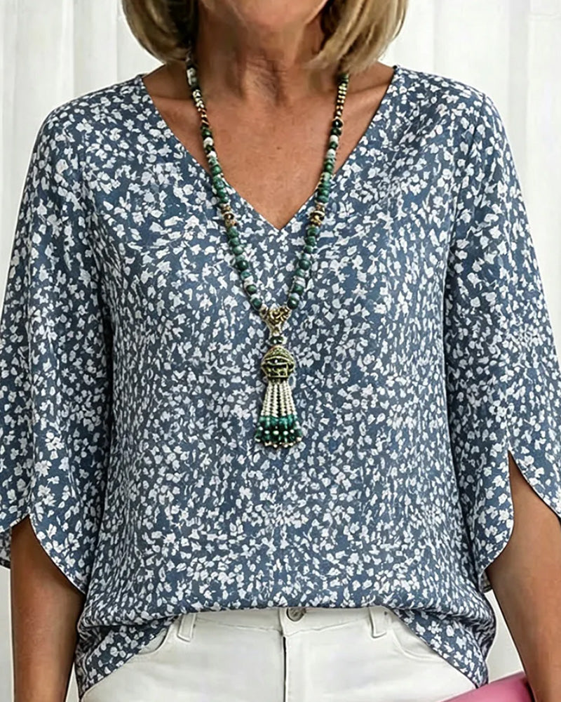 Blouse Col En V Fente Manche Cloche Fleurie Coude