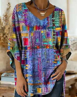 Blouse À Imprimé Géométrique Coloré Avec Manches Larges