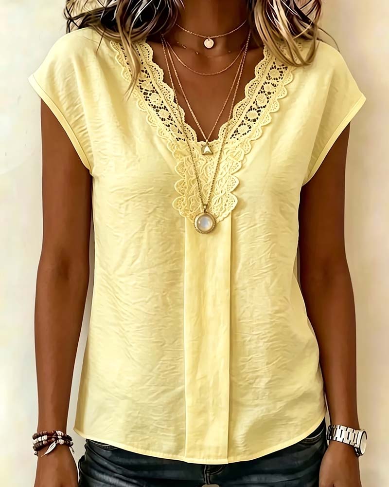 Blouse Col V Dentelle Patchwork Décontractée