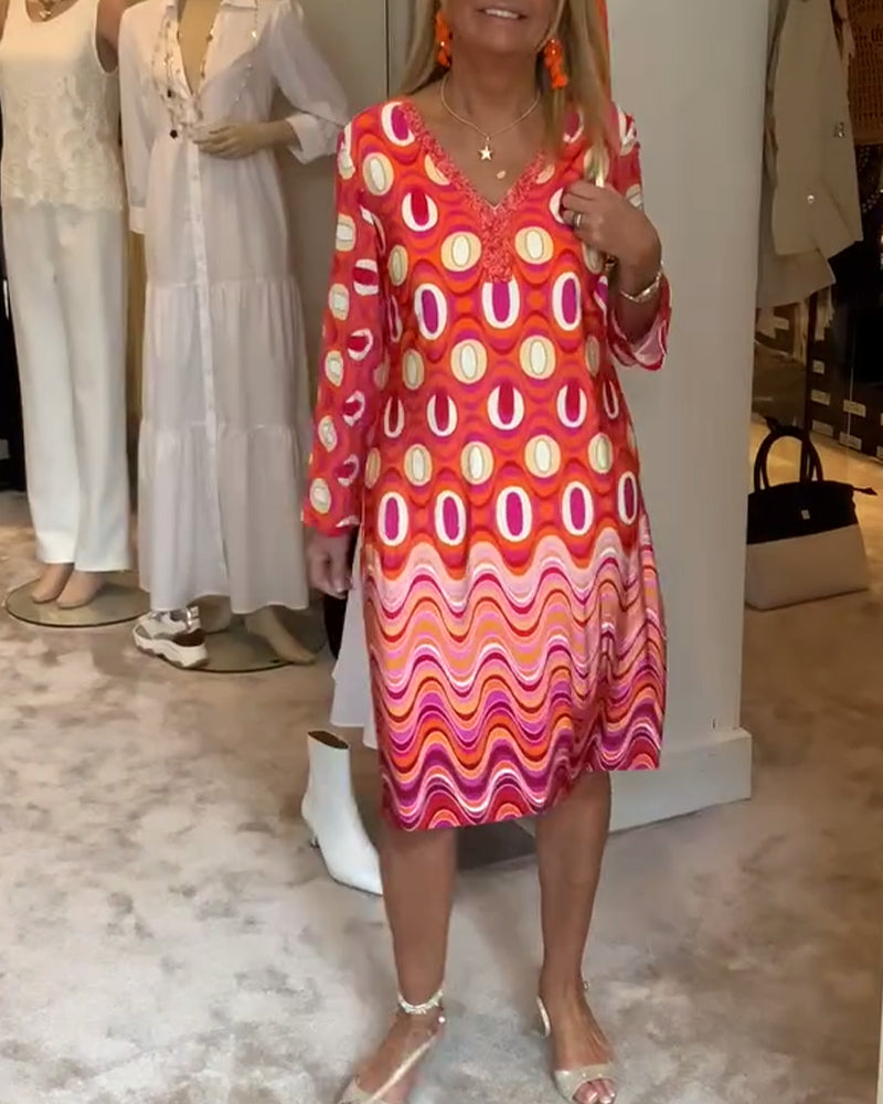 Robe décontractée ample imprimée à col en V et à manches longues