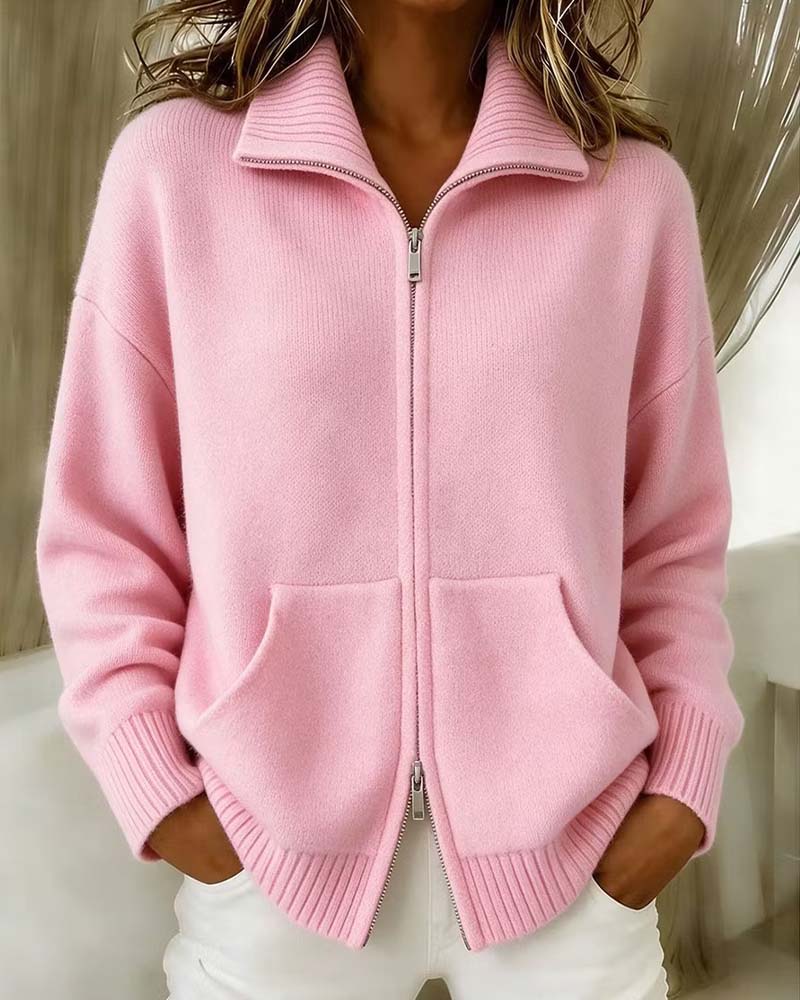 Cardigan Revers Fermeture Éclair Uni