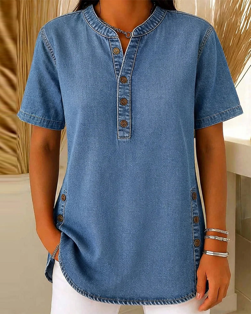 Top Boutons-Devant Denim Manche Courte