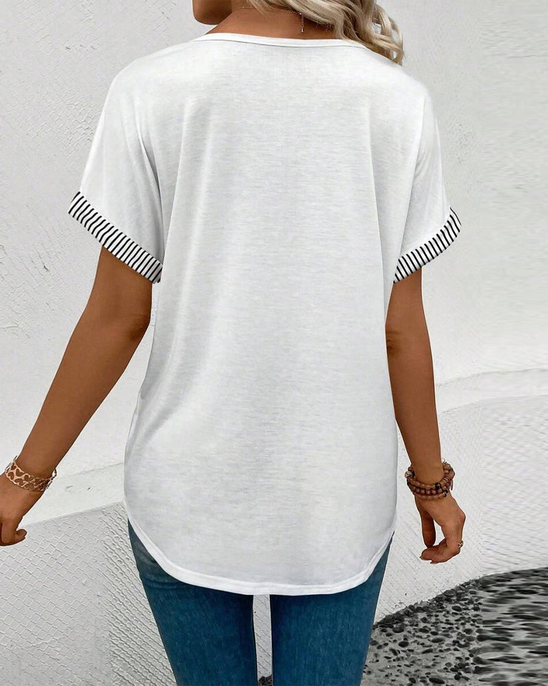 Blouse Col En V Rayée Contraste Décontractée