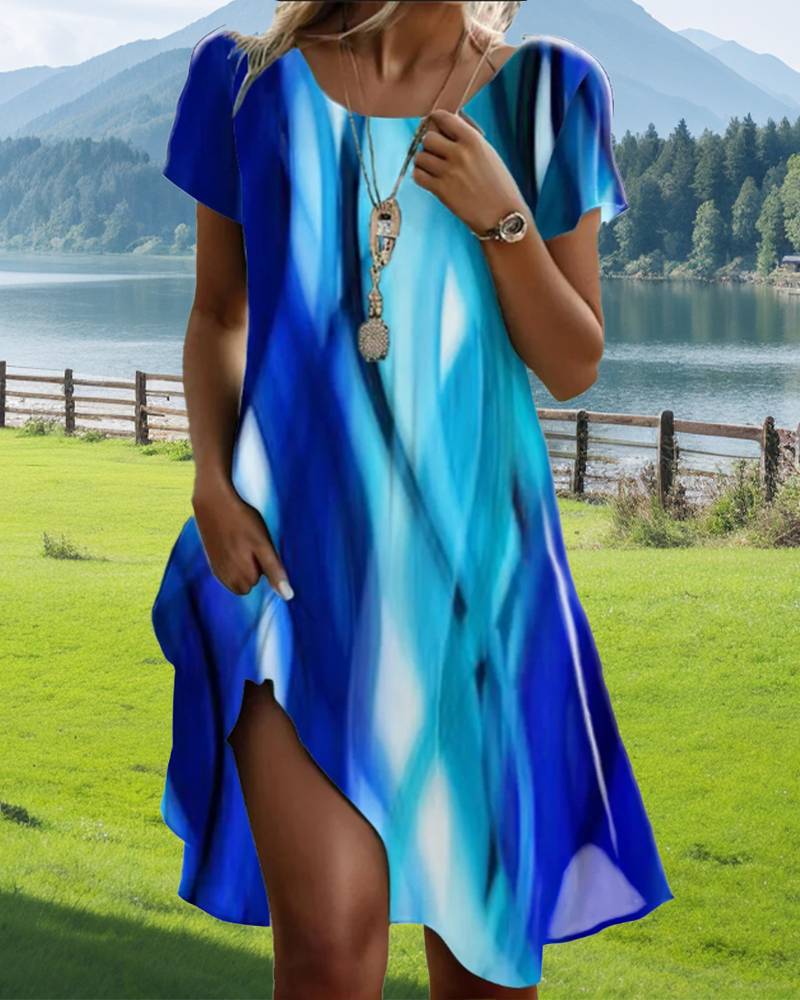 Robe Manches Bouffantes Tie-Dye Col Rond