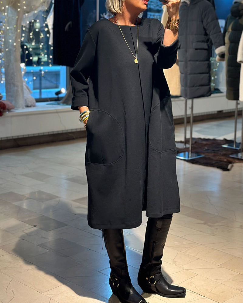 Robe ample décontractée de couleur unie avec col rond et poche