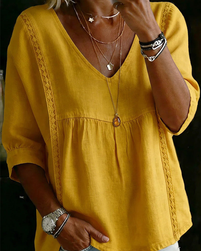 Blouse Volant Garniture Col En V Manche Coude