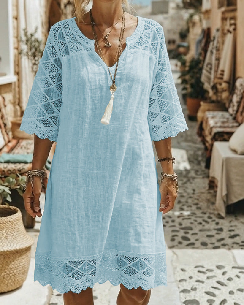 Robe Col V Dentelle Patchwork Décontractée