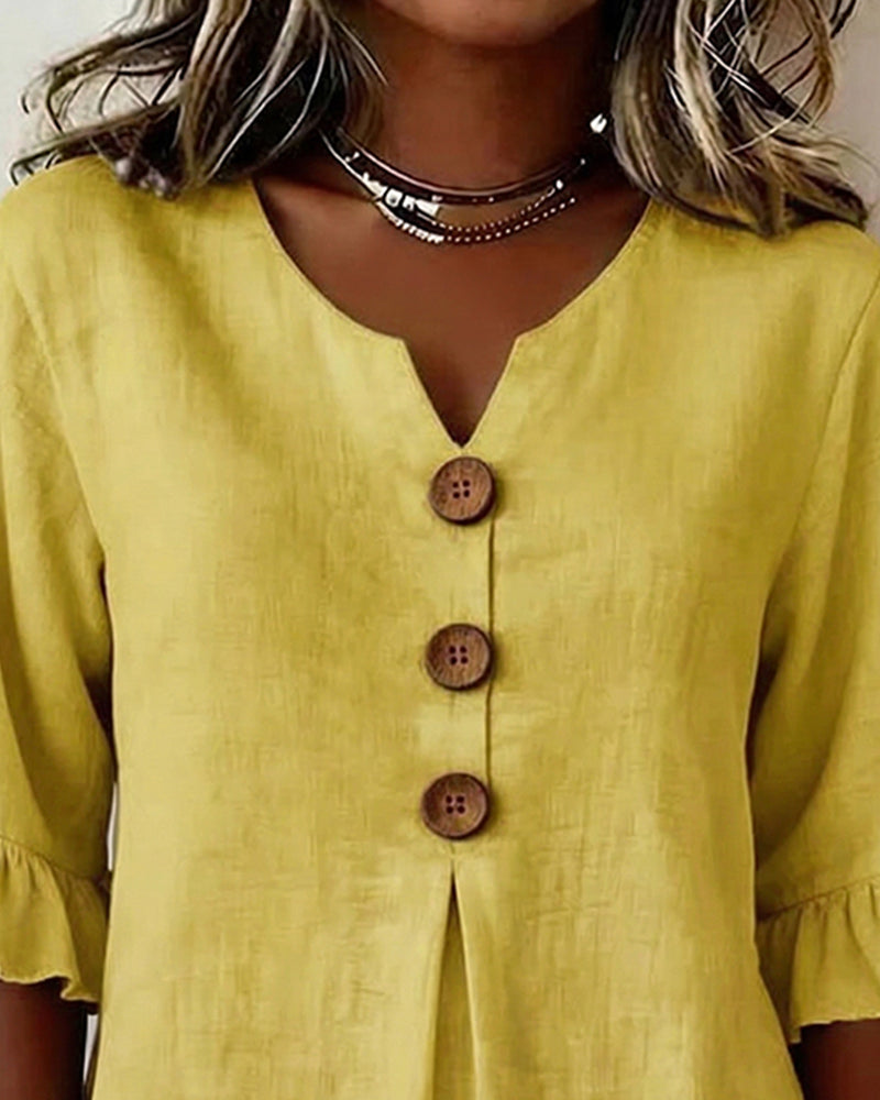 Blouses Unies Coton-Lin Boutons En Bois Volants
