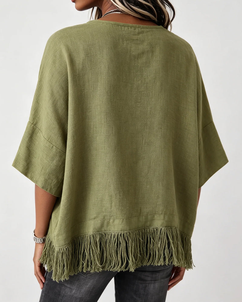 Blouse Col Rond Frange Manche Coude Unie
