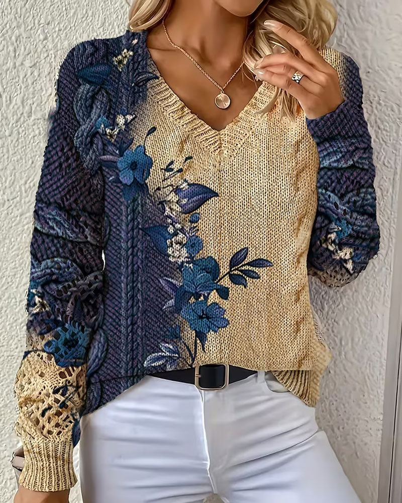 Pullover Dégradé Bloc De Couleur Fleuri Col En V Évidé