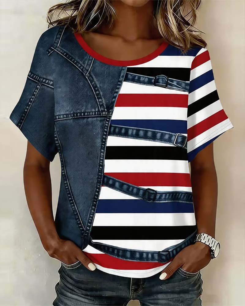 T-Shirt Rayure Patchwork Imprimé