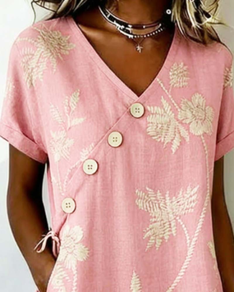 Robe Bouton Diagonal Imprimé Col V Mini