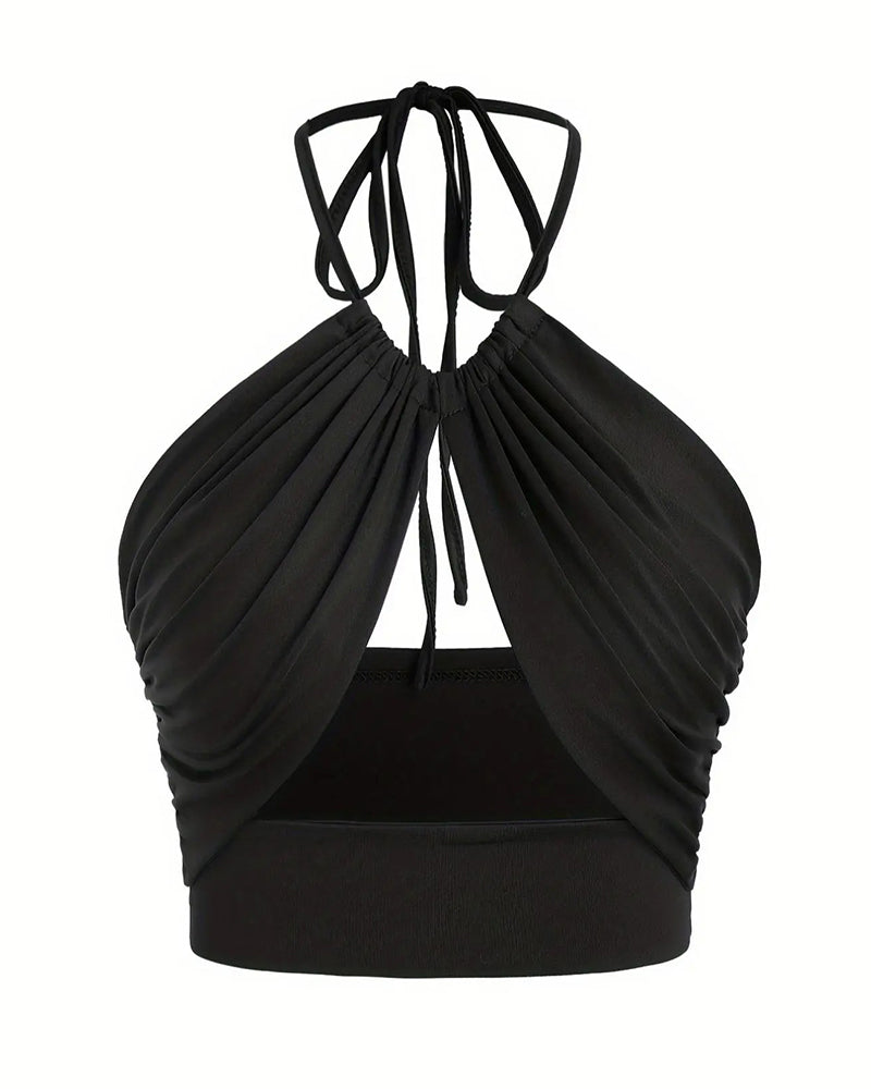 Cami Top Femme Froncé Nœud Dos Col Halter Court