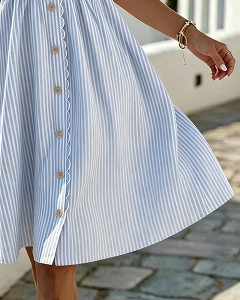 Robe Col V Rayure Bouton Dentelle Manche Ballon