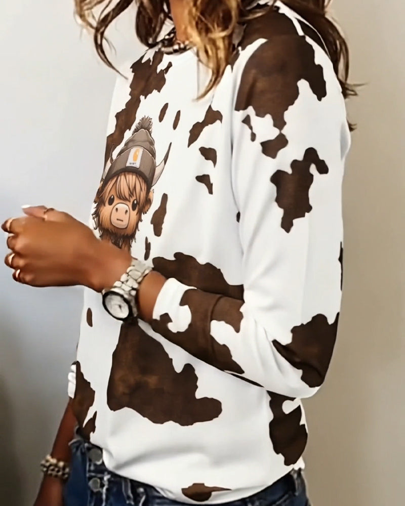 Haut Imprimé Animal Col Rond Manches Longues