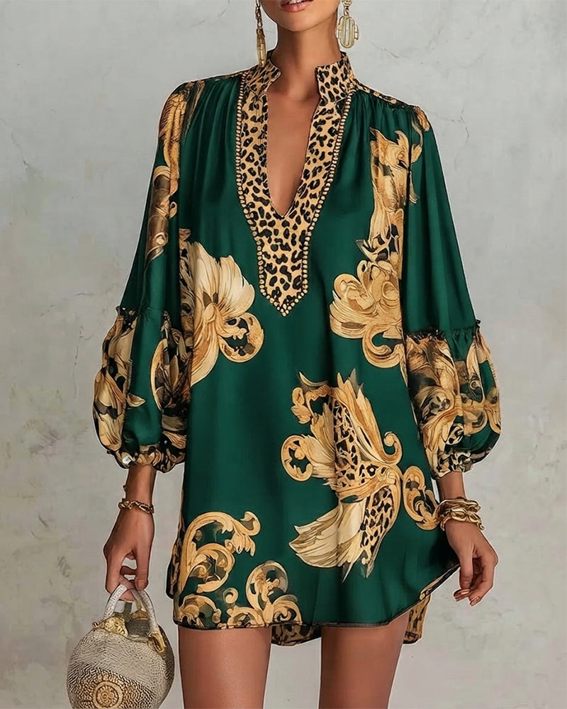 Robe Léopard Manche Lanterne Col Montant Imprimé