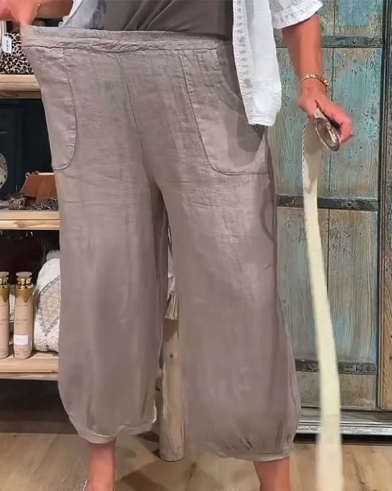 Pantalon Taille Élastique Poche Large Jambe Raccourci