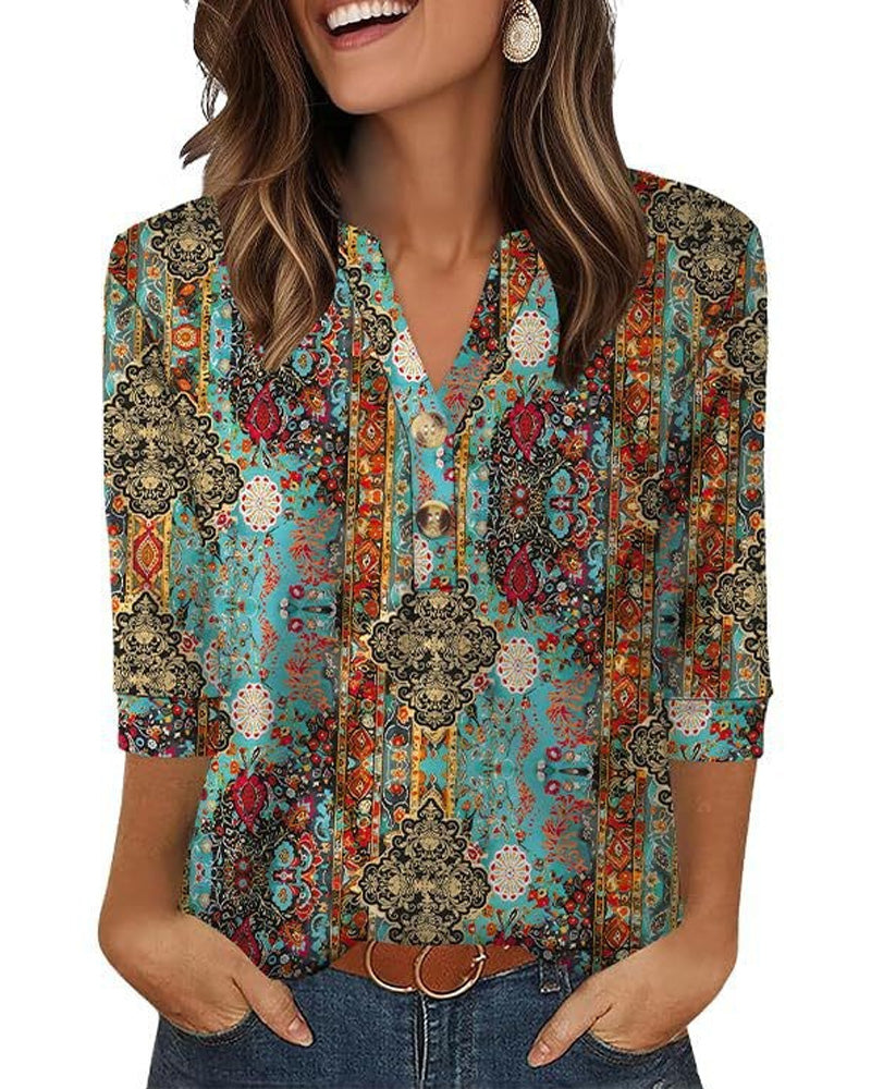 Blouse Col En V Boutonnée Manches Trois-Quarts