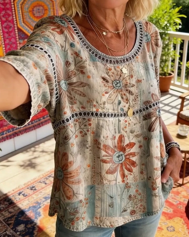 Haut Découpé Col Rond Imprimé