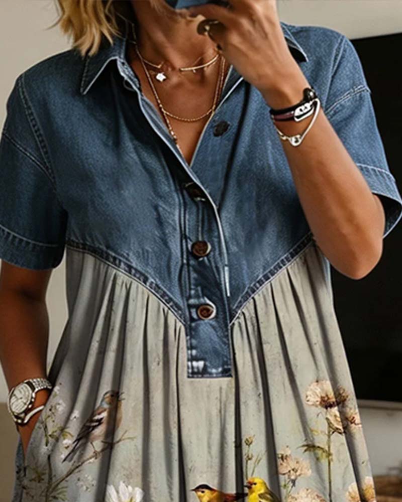 Robe Col De Chemise Fleuri Denim Patchwork