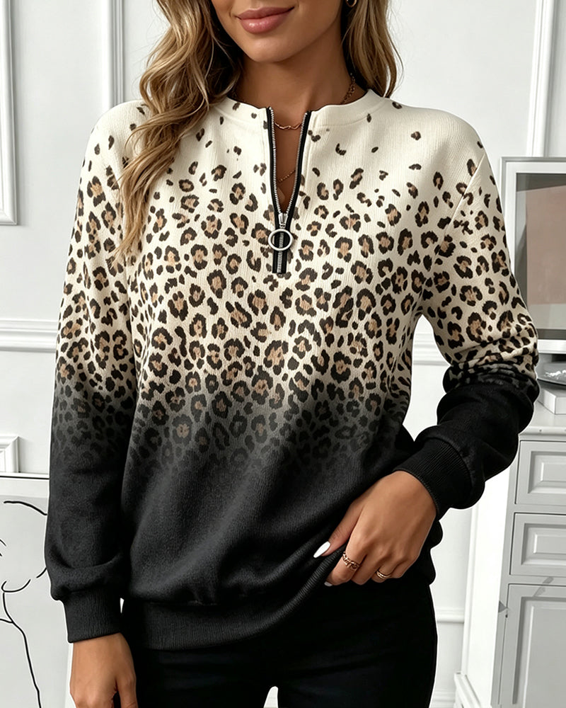 Sweatshirt Fermeture Éclair Gradient Imprimé Léopard