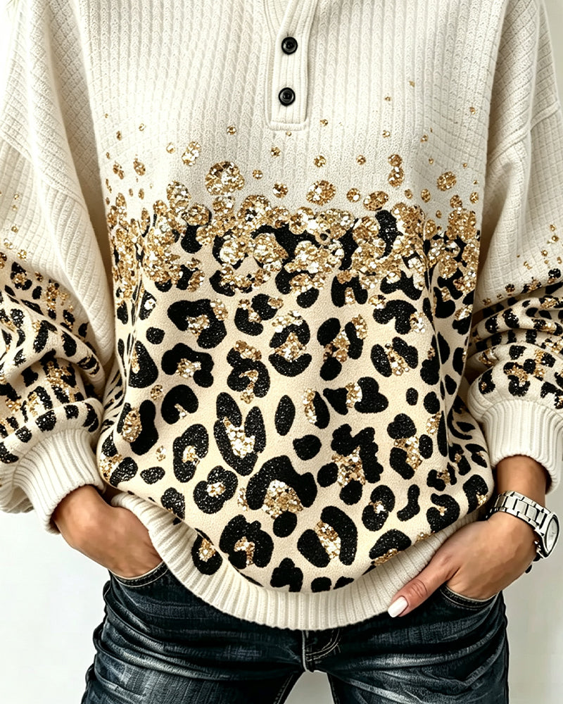 Sweatshirt Col Rond Boutonné Imprimé Léopard