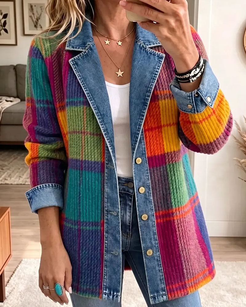 Manteau Col À Revers Bouton Côtelé Bloc De Couleur Denim Patchwork