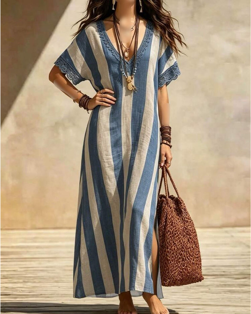 Robe Col V Rayée Décontractée