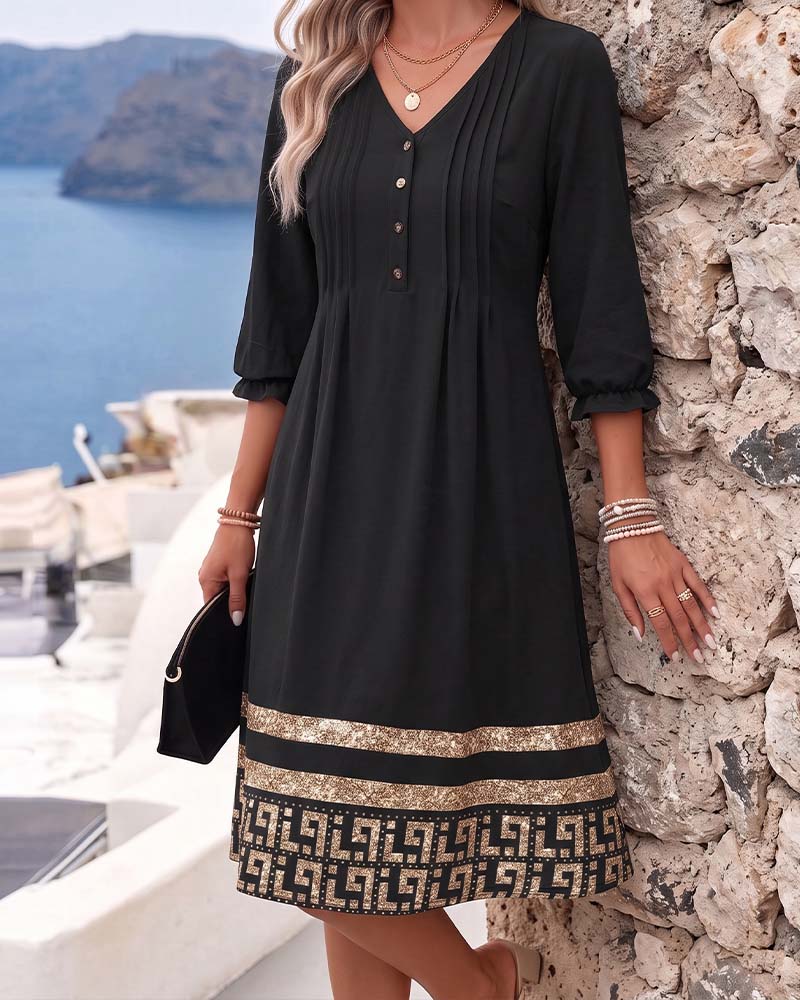 Robe Col-V Imprimée À Manches Volants