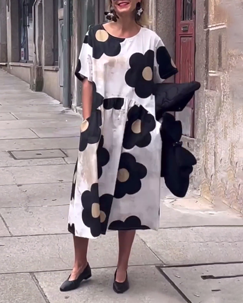 Robe ample à imprimé floral et poche à col rond