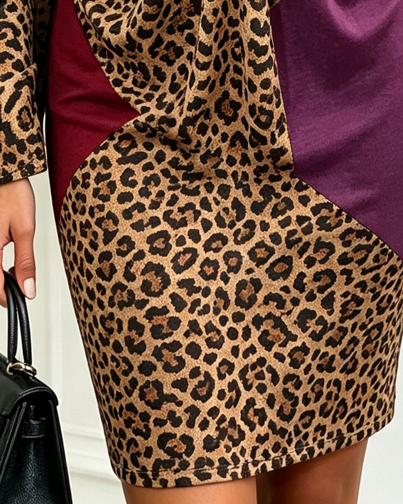 Robe Col En V Bouton Métallique Imprimé Léopard Couleur Contrastante
