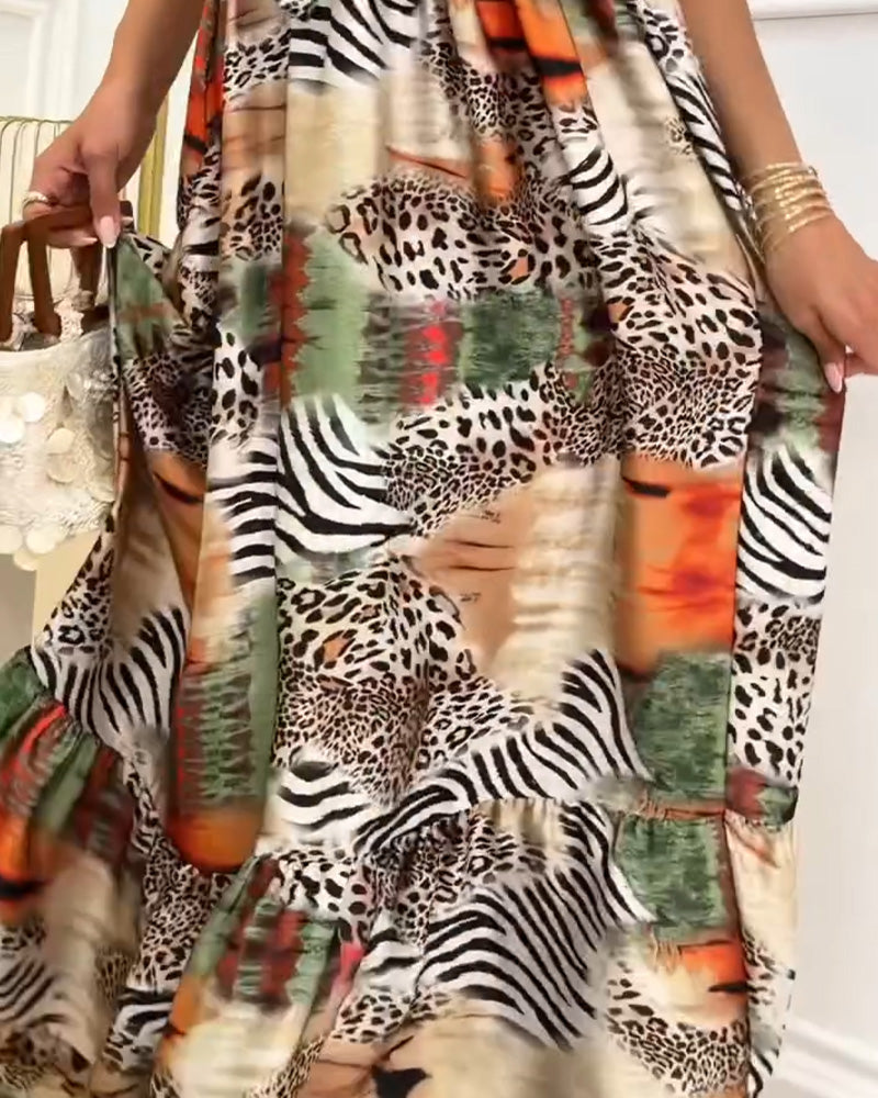 Robe Léopard Contraste Bretelle Spaghetti Patchwork