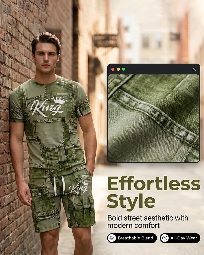 Ensemble Homme Avec T-Shirt Monogramme Col Rond Et Short À Cordon De Serrage