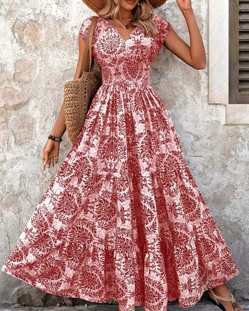 Robe Rétro Imprimé Col En V Taille Cintrée Longue