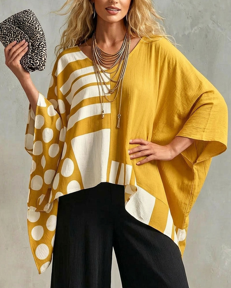 Blouse Polka Dot Rayure Patchwork V Encollure