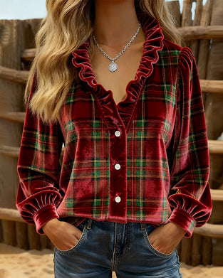 Top Avec Détails En Volants, Design à Col V Et Tissu En Velours