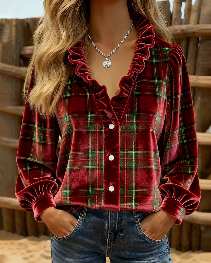 Top Avec Détails En Volants, Design à Col V Et Tissu En Velours