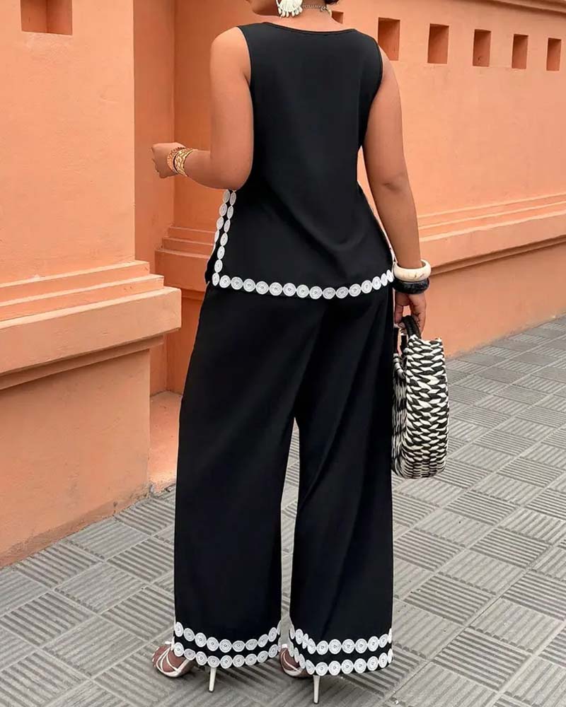 Set Haut Col Rond Sans Manches Pantalon Large Longue