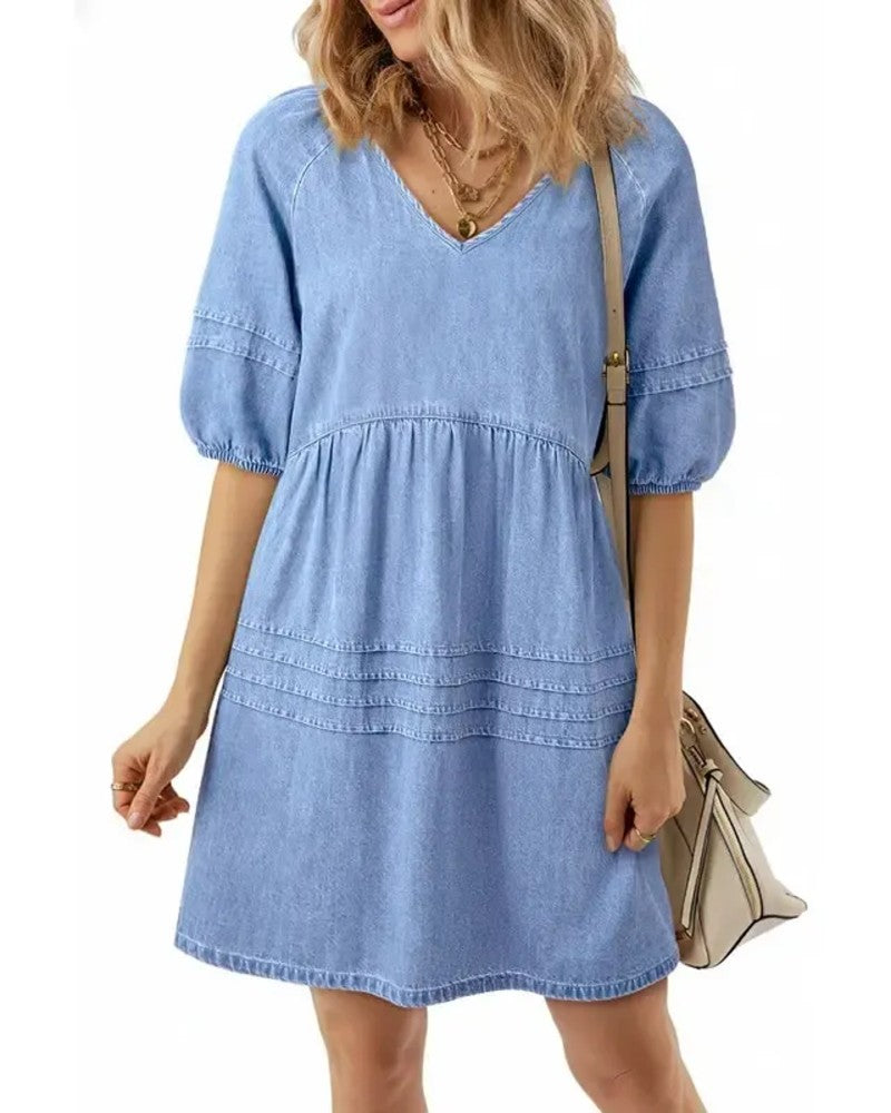 Robes Denim Col V Manche Bouffante
