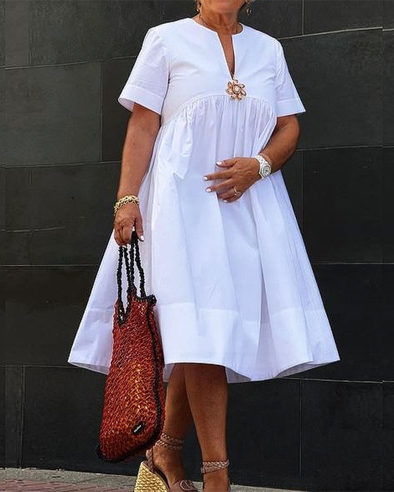 Robe plissée de couleur unie à manches courtes patchwork